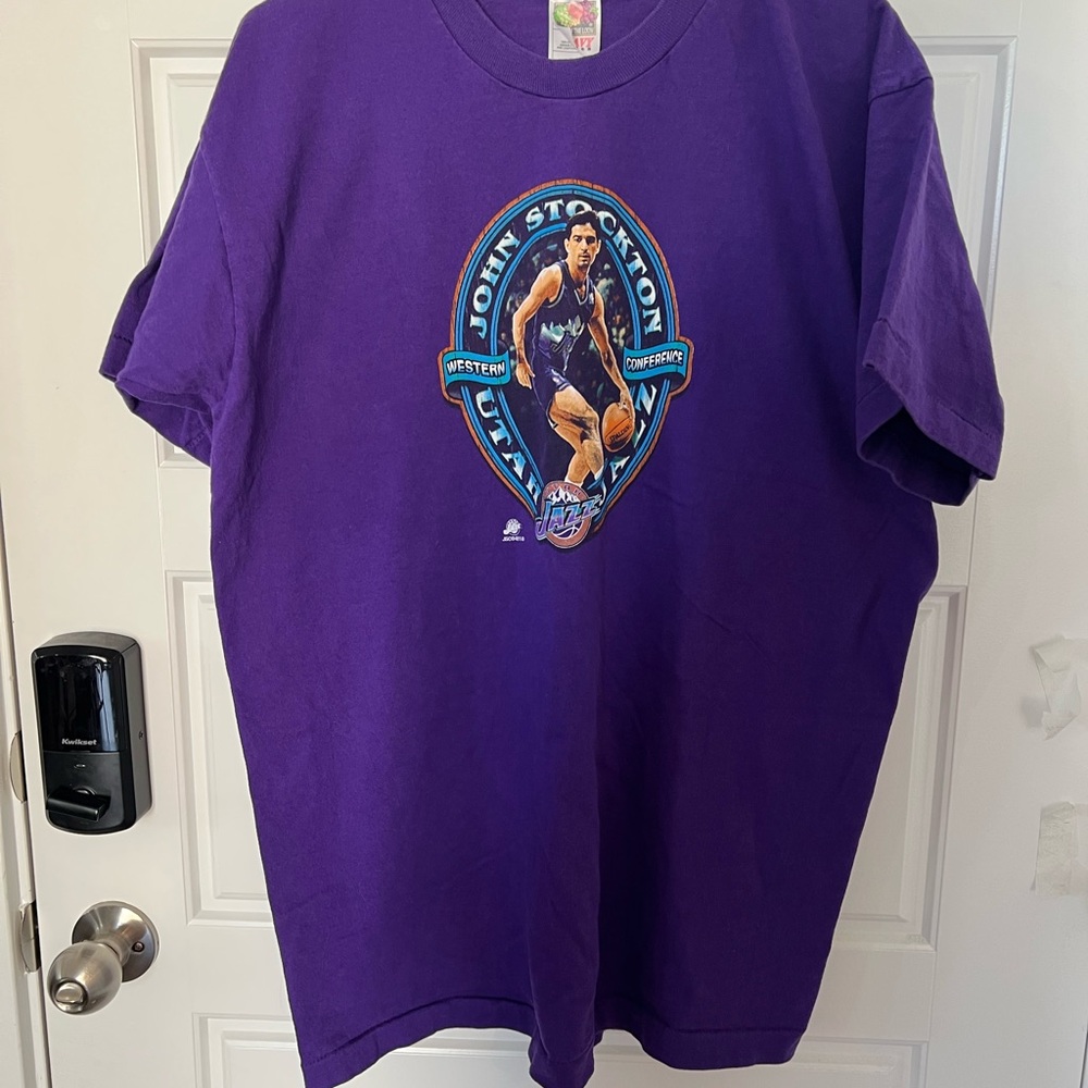 A46-Vintage John Stockton Utah Jazz Purple T-Shirt XL NBA Western Conference